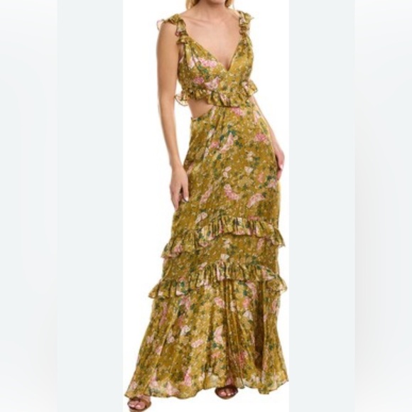 Amur - Magnolia Silk Floral Cut Out Ruffle Maxi Dress Gown - Size: 6 Amur - Magnolia Silk Floral Cut Out Ruffle Maxi Dress Gown - Size: 6